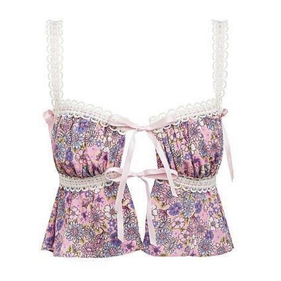 FOR LOVE & LEMONS Willow Multi Floral Bow Tie Ribbon Bow Coquette Top Purple XL - Picture 12 of 12